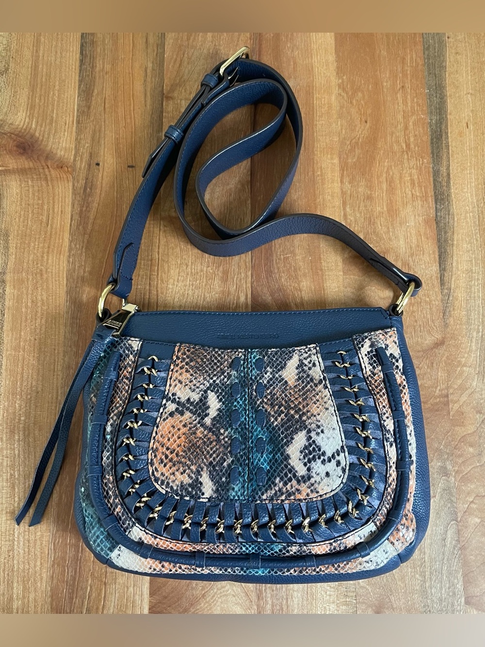 Aimee Kestenberg Blue Leather Crossbody Purse Snakeskin Gold Chain Boho Western